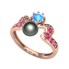 Ner İnci Yüzük - Siyah inci, akuamarin ve rodolit garnet 14 ayar rose altın yüzük #e5mmiz