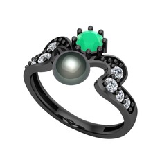 Ner İnci Yüzük - Siyah inci, kök zümrüt ve swarovski 925 ayar siyah rodyum kaplama gümüş yüzük #e6k7p5