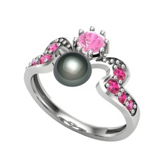Siyah inci, pembe kuvars ve rodolit garnet 14 ayar beyaz altın yüzük