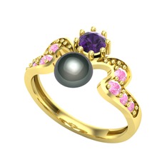 Ner İnci Yüzük - Siyah inci, ametist ve pembe kuvars 14 ayar altın yüzük #fapin3