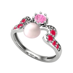 Ner İnci Yüzük - Pembe inci, pembe kuvars ve kök yakut 18 ayar beyaz altın yüzük #fk22ao