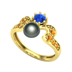 Ner İnci Yüzük - Siyah inci, lab safir ve sitrin 14 ayar altın yüzük #fm9mxc