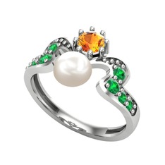 Inci, sitrin ve yeşil kuvars 14 ayar beyaz altın yüzük