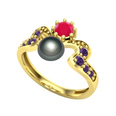 Ner İnci Yüzük - Siyah inci, kök yakut ve ametist 8 ayar altın yüzük #frrz7t