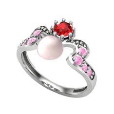 Ner İnci Yüzük - Pembe inci, garnet ve pembe kuvars 14 ayar beyaz altın yüzük #fwlyy9
