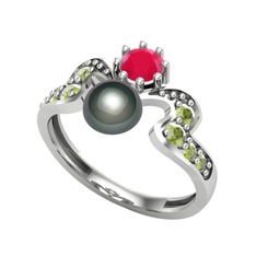 Ner İnci Yüzük - Siyah inci, kök yakut ve peridot 14 ayar beyaz altın yüzük #fwneog
