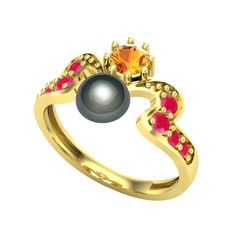 Ner İnci Yüzük - Siyah inci, sitrin ve kök yakut 8 ayar altın yüzük #fx9938
