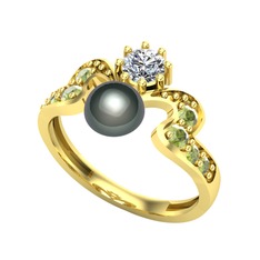 Ner İnci Yüzük - Siyah inci, swarovski ve peridot 925 ayar altın kaplama gümüş yüzük #g1gi6p