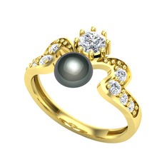 Ner İnci Yüzük - Siyah inci ve pırlanta 14 ayar altın yüzük (0.83 karat) #gb52aj