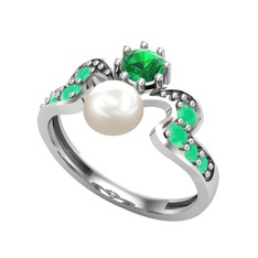 Inci, yeşil kuvars ve kök zümrüt 8 ayar beyaz altın yüzük