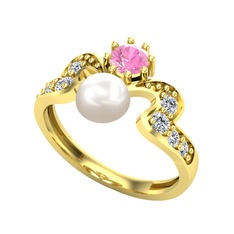 Inci, pembe kuvars ve swarovski 14 ayar altın yüzük