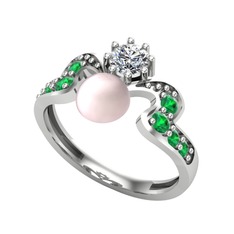 Pembe inci, swarovski ve yeşil kuvars 14 ayar beyaz altın yüzük