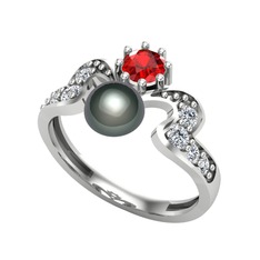 Ner İnci Yüzük - Siyah inci, garnet ve beyaz zirkon 8 ayar beyaz altın yüzük #gqriaf