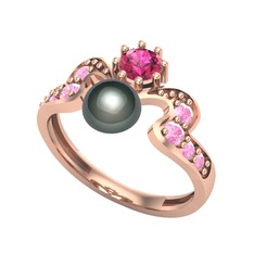 Ner İnci Yüzük - Siyah inci, rodolit garnet ve pembe kuvars 925 ayar rose altın kaplama gümüş yüzük #grlets
