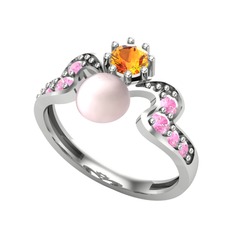 Ner İnci Yüzük - Pembe inci, sitrin ve pembe kuvars 14 ayar beyaz altın yüzük #gwe3b6