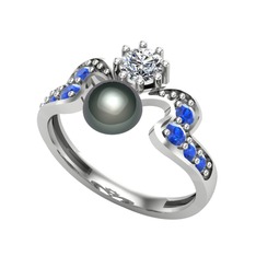 Ner İnci Yüzük - Siyah inci, swarovski ve lab safir 8 ayar beyaz altın yüzük #hl5j9y