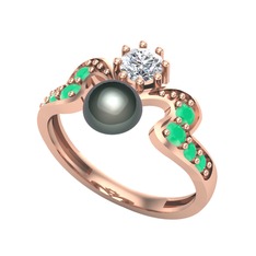 Ner İnci Yüzük - Siyah inci, pırlanta ve kök zümrüt 8 ayar rose altın yüzük (0.35 karat) #hnmhya