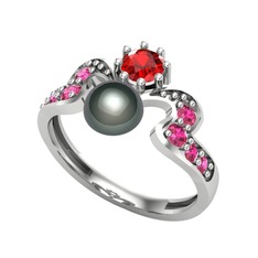 Ner İnci Yüzük - Siyah inci, garnet ve rodolit garnet 8 ayar beyaz altın yüzük #homy58