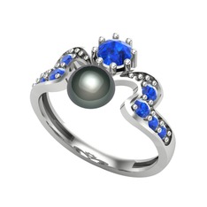 Ner İnci Yüzük - Siyah inci ve lab safir 14 ayar beyaz altın yüzük #hpgecp