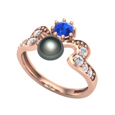 Ner İnci Yüzük - Siyah inci, lab safir ve pırlanta 18 ayar rose altın yüzük (0.48 karat) #hs3m5p