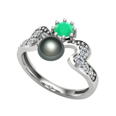 Ner İnci Yüzük - Siyah inci, kök zümrüt ve swarovski 14 ayar beyaz altın yüzük #ipx4dy