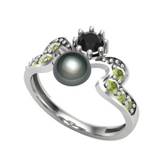 Siyah inci, siyah zirkon ve peridot 18 ayar beyaz altın yüzük