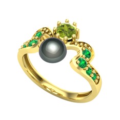 Ner İnci Yüzük - Siyah inci, peridot ve yeşil kuvars 18 ayar altın yüzük #is2of0