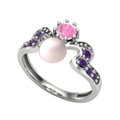 Pembe inci, pembe kuvars ve ametist 8 ayar beyaz altın yüzük