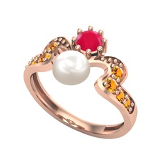 Inci, kök yakut ve sitrin 14 ayar rose altın yüzük