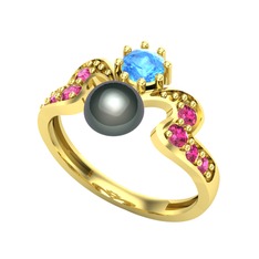 Ner İnci Yüzük - Siyah inci, akuamarin ve rodolit garnet 18 ayar altın yüzük #ivb8rh