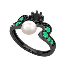 Ner İnci Yüzük - Inci, siyah zirkon ve kök zümrüt 925 ayar siyah rodyum kaplama gümüş yüzük #iy9ctx