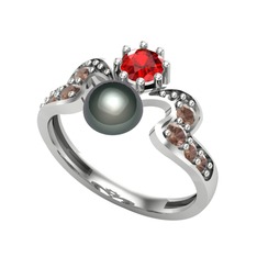 Ner İnci Yüzük - Siyah inci, garnet ve dumanlı kuvars 18 ayar beyaz altın yüzük #izbgpk
