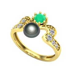 Ner İnci Yüzük - Siyah inci, kök zümrüt ve beyaz zirkon 925 ayar altın kaplama gümüş yüzük #j0tksu