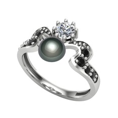 Siyah inci, beyaz zirkon ve siyah zirkon 14 ayar beyaz altın yüzük