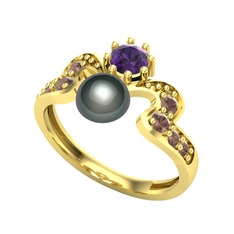 Ner İnci Yüzük - Siyah inci, ametist ve dumanlı kuvars 18 ayar altın yüzük #jccaq8