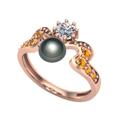 Ner İnci Yüzük - Siyah inci, beyaz zirkon ve sitrin 14 ayar rose altın yüzük #jqojqd