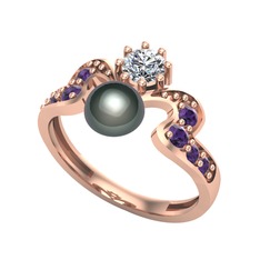 Ner İnci Yüzük - Siyah inci, swarovski ve ametist 925 ayar rose altın kaplama gümüş yüzük #k0p47b