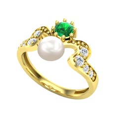 Ner İnci Yüzük - Inci, yeşil kuvars ve pırlanta 14 ayar altın yüzük (0.48 karat) #kbp0a7