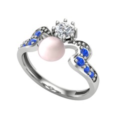 Ner İnci Yüzük - Pembe inci, pırlanta ve lab safir 18 ayar beyaz altın yüzük (0.35 karat) #km8h0