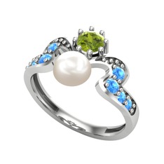 Ner İnci Yüzük - Inci, peridot ve akuamarin 18 ayar beyaz altın yüzük #l01n6