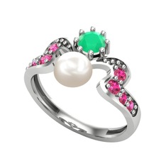 Inci, kök zümrüt ve rodolit garnet 14 ayar beyaz altın yüzük