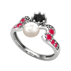 Ner İnci Yüzük - Inci, siyah zirkon ve kök yakut 925 ayar gümüş yüzük #lb4b34