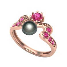 Siyah inci ve rodolit garnet 925 ayar rose altın kaplama gümüş yüzük