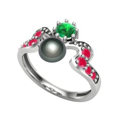 Ner İnci Yüzük - Siyah inci, yeşil kuvars ve kök yakut 18 ayar beyaz altın yüzük #lxflb9