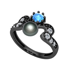 Ner İnci Yüzük - Siyah inci, akuamarin ve swarovski 925 ayar siyah rodyum kaplama gümüş yüzük #m85ejh