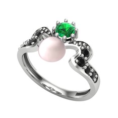 Ner İnci Yüzük - Pembe inci, yeşil kuvars ve siyah zirkon 8 ayar beyaz altın yüzük #mal7xf