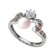 Ner İnci Yüzük - Pembe inci, pırlanta ve dumanlı kuvars 18 ayar beyaz altın yüzük (0.35 karat) #mbq1a1