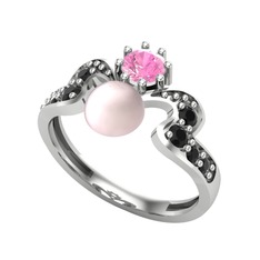 Pembe inci, pembe kuvars ve siyah zirkon 14 ayar beyaz altın yüzük