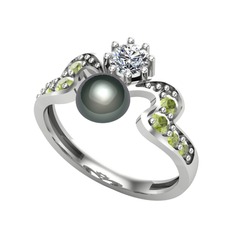 Siyah inci, beyaz zirkon ve peridot 8 ayar beyaz altın yüzük