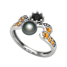 Ner İnci Yüzük - Siyah inci, siyah zirkon ve sitrin 18 ayar beyaz altın yüzük #n0wh9b